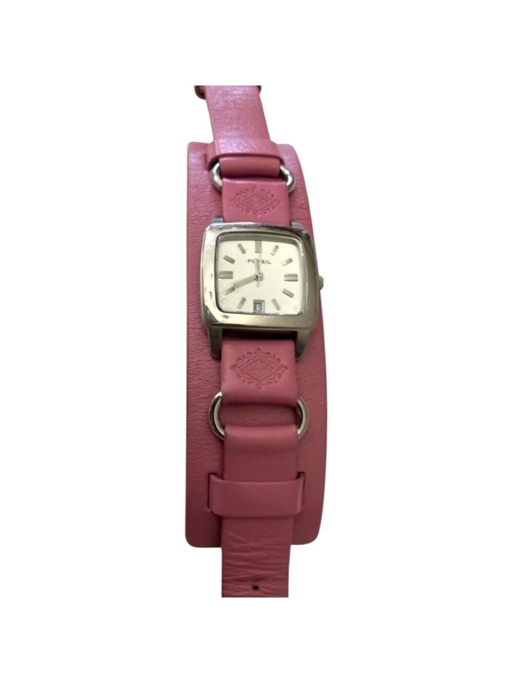 Women's Fossil Pink Leather Band Silver Case Watch - Picture 3 of 4
